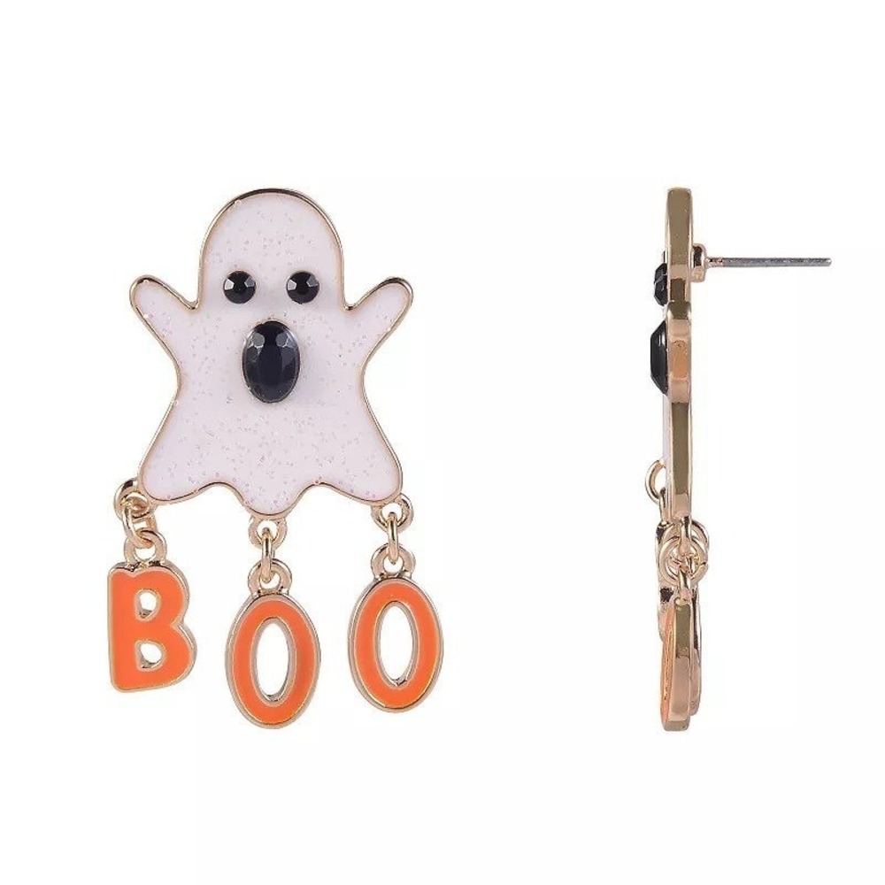 Halloween Ghost BOO Dangle Earrings Gold White Orange Enamel NWT